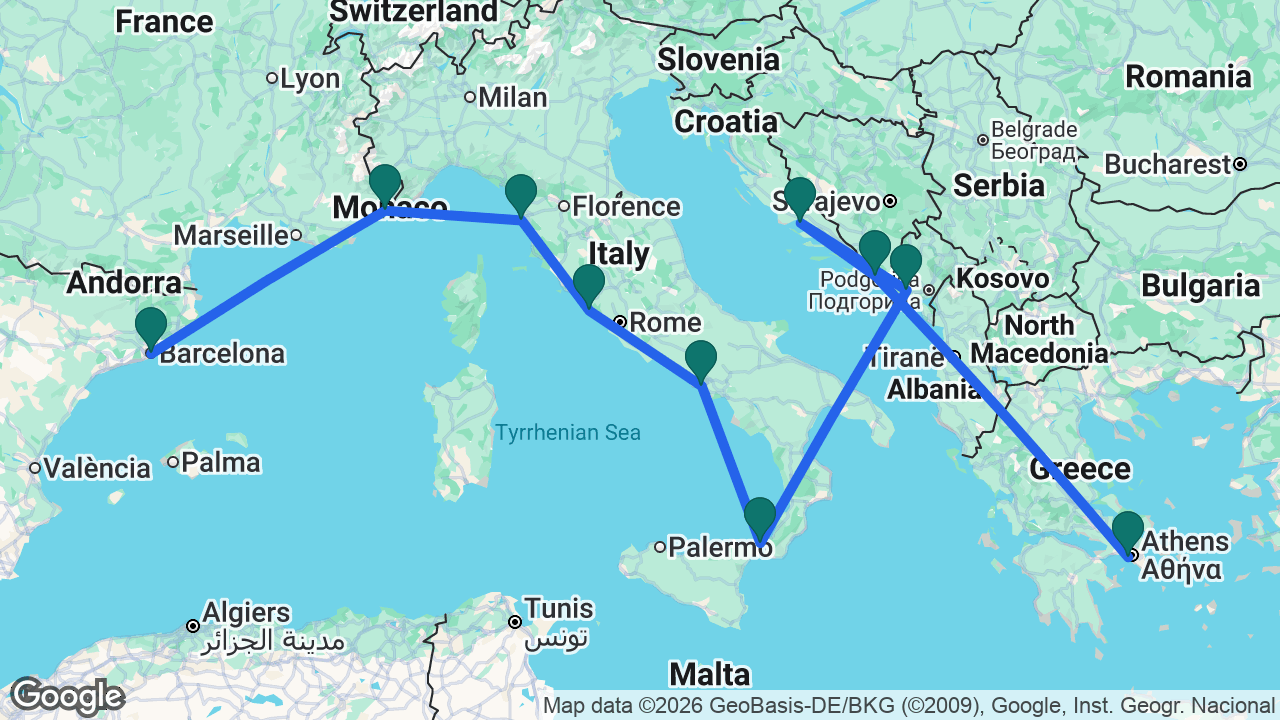 Route map: Athens -> Dubrovnik -> Split -> Kotor -> Messina -> Naples -> Rome -> Florence -> Villefranche -> Barcelona