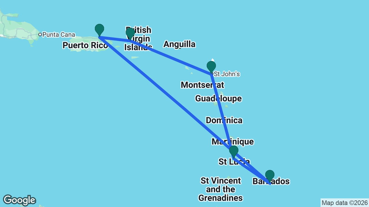 Route map: San Juan -> Barbados -> St. Lucia -> Antigua -> St. Thomas -> San Juan
