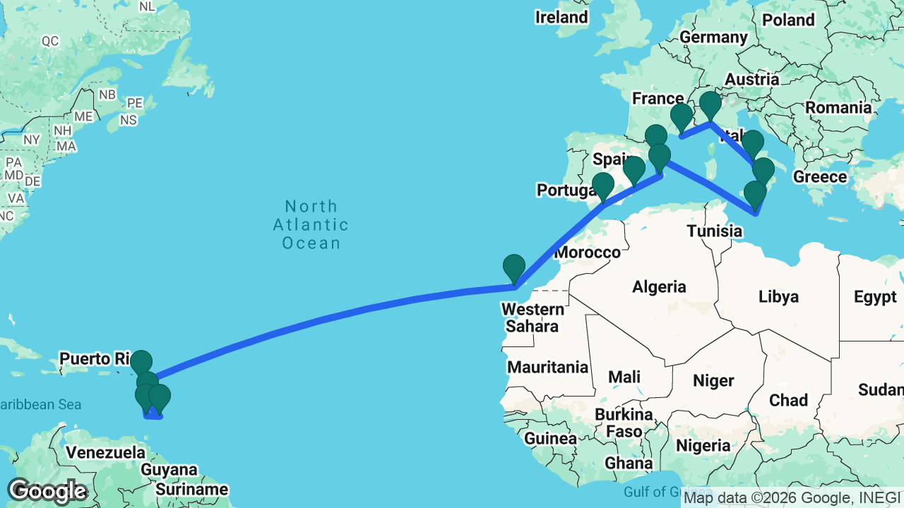 Route map: Marseille -> Genoa -> Naples -> Messina -> Valletta -> Barcelona -> Mallorca -> Alicante -> Málaga -> Gran Canaria -> Antigua -> St. Vincent -> Barbados -> Martinique