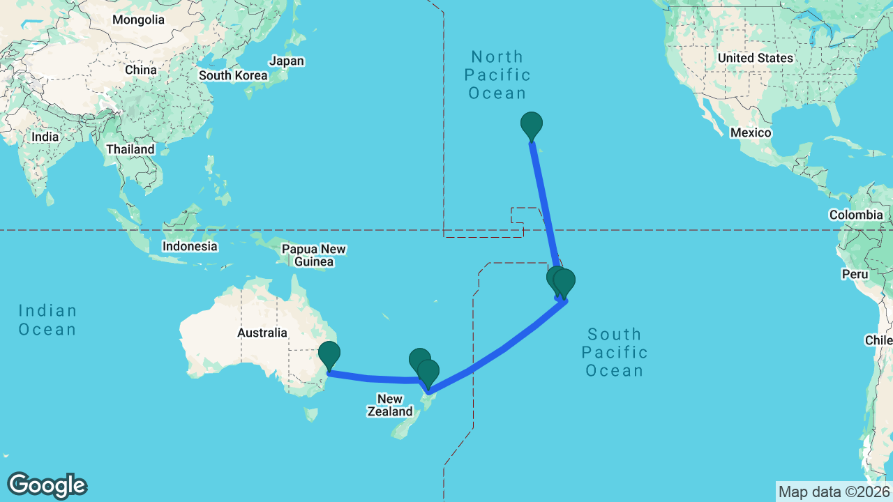 Route map: Honolulu -> Moorea -> Raiatea -> Tahiti -> Tauranga -> Bay of Islands -> Sydney