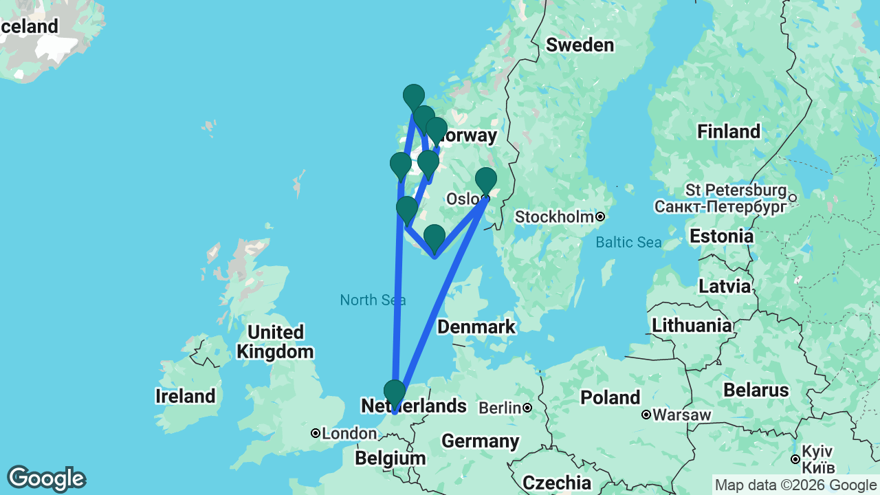 Route map: Amsterdam -> Oslo -> Mandal -> Stavanger -> Skjolden -> Eidfjord -> Olden -> Ålesund -> Bergen -> Amsterdam