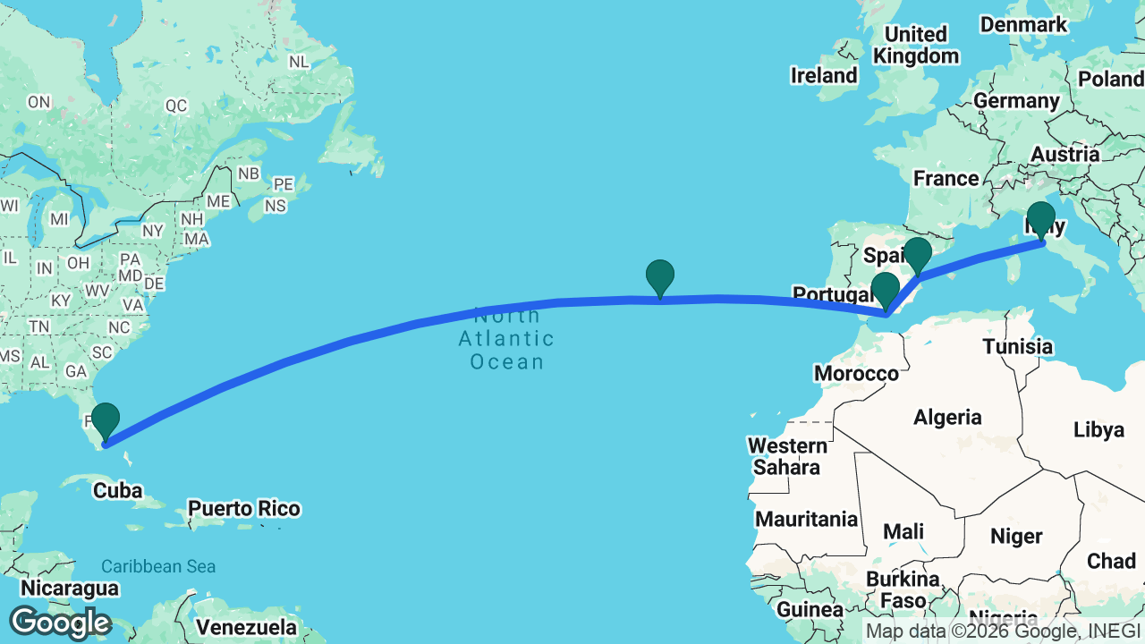 Route map: Miami -> Azores -> Motril -> Valencia -> Rome