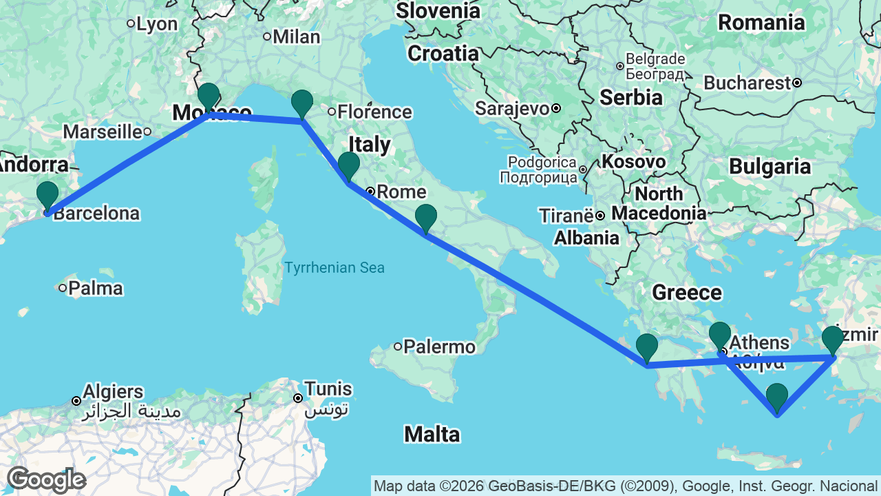 Route map: Barcelona -> Villefranche -> Florence -> Rome -> Naples -> Katakolon -> Ephesus -> Santorini -> Athens
