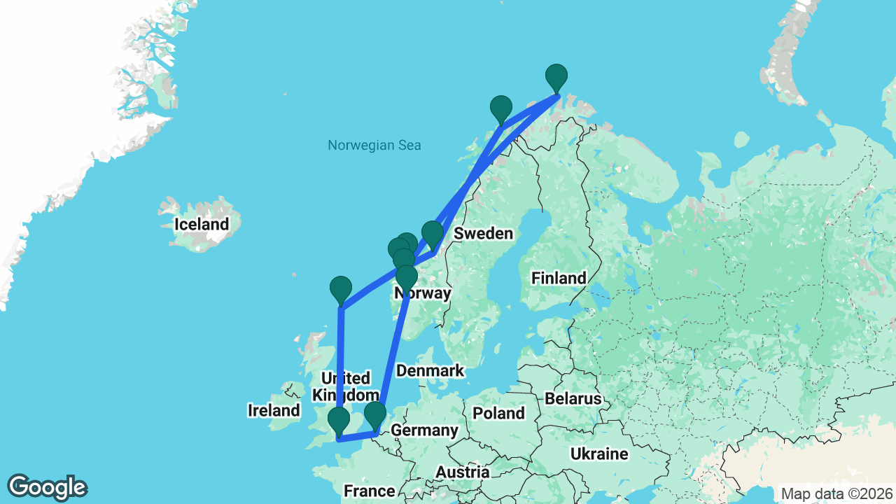 Route map: Southampton -> Lerwick -> Ålesund -> Trondheim -> Tromsø -> North Cape -> Molde -> Olden -> Flåm -> Bruges -> Southampton