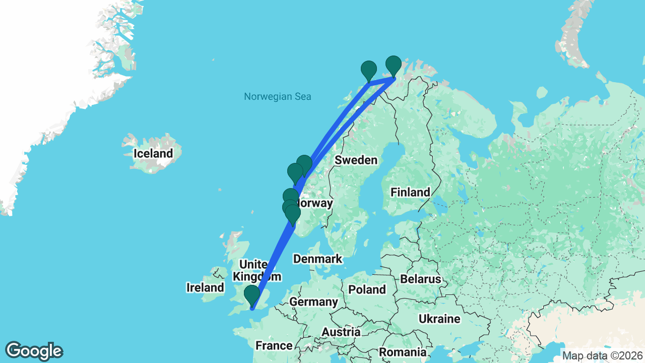 Route map: Southampton -> Stavanger -> Ålesund -> Tromsø -> Alta -> Kristiansund -> Bergen -> Haugesund -> Southampton