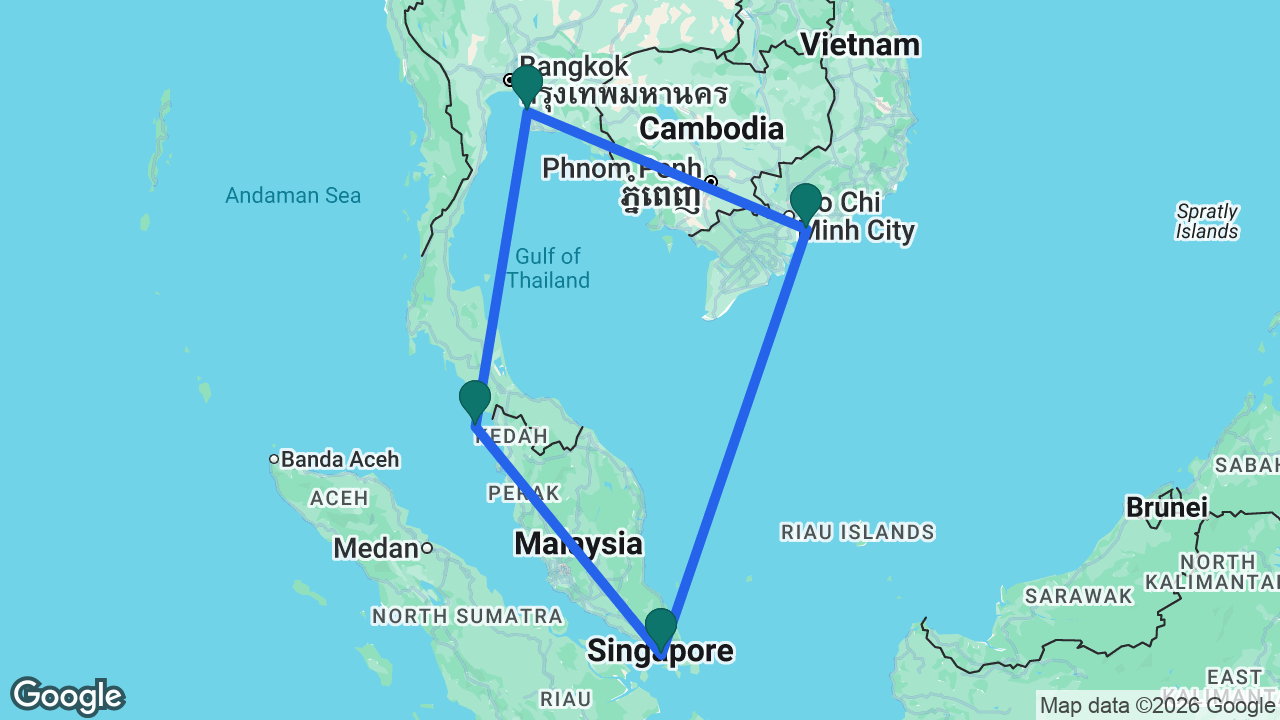 Route map: Singapore -> Ho Chi Minh City -> Bangkok -> Langkawi -> Singapore
