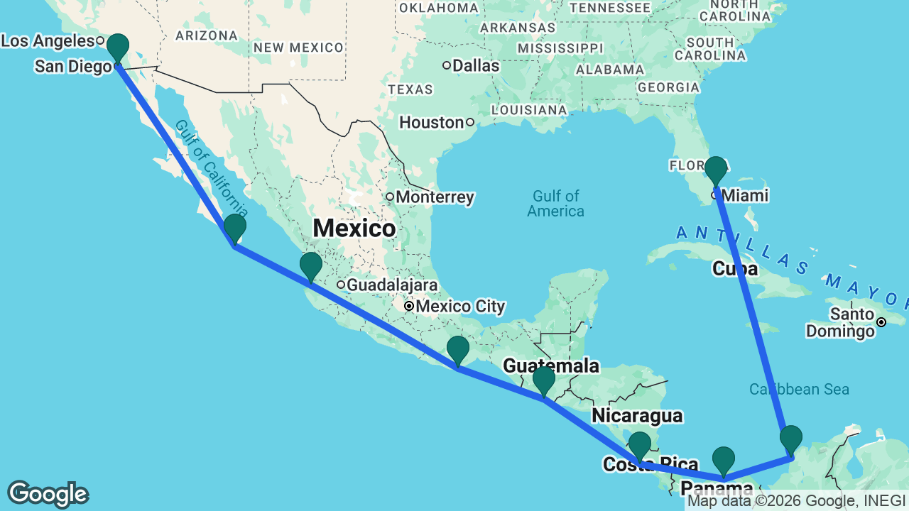 Route map: San Diego -> Cabo -> Puerto Vallarta -> Huatulco -> Puerto Quetzal -> Puntarenas -> Panama Canal -> Cartagena -> Fort Lauderdale