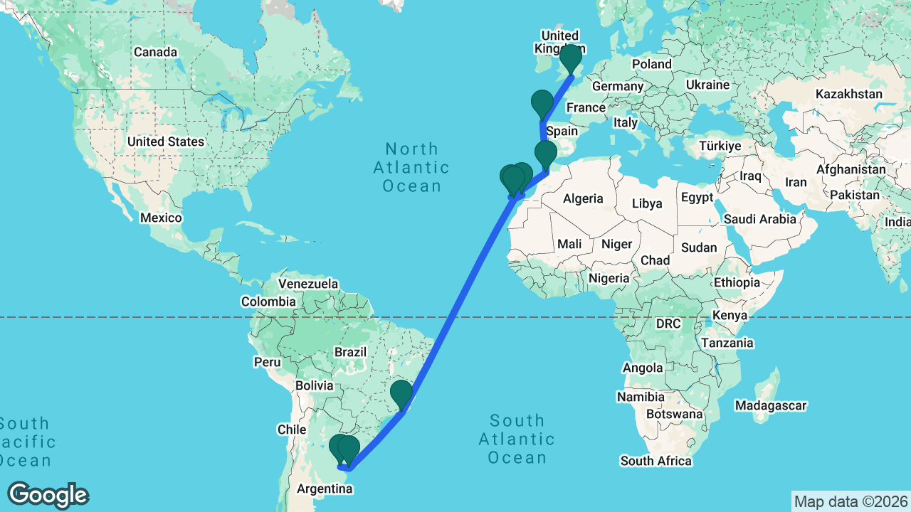 Route map: Buenos Aires -> Montevideo -> Rio -> Gran Canaria -> Lanzarote -> Tenerife -> Casablanca -> La Coruña -> Southampton