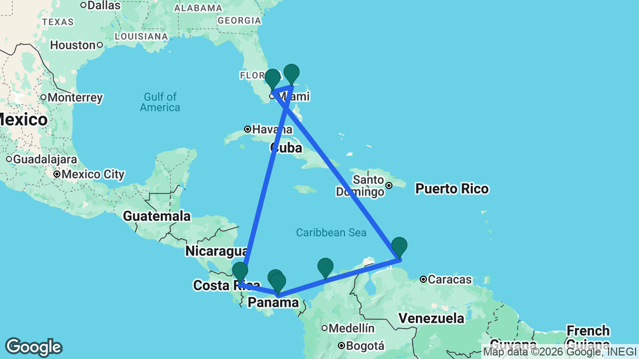 Route map: Fort Lauderdale -> Curaçao -> Cartagena -> Panama Canal -> Colón -> Limón -> Celebration Key -> Fort Lauderdale
