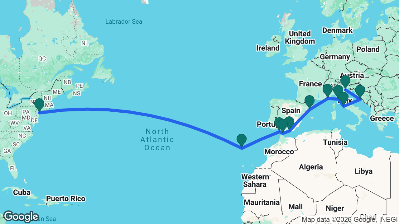 Route map: New York -> Madeira -> Cádiz -> Gibraltar -> Motril -> Barcelona -> Villefranche -> Florence -> Rome -> Split -> Venice