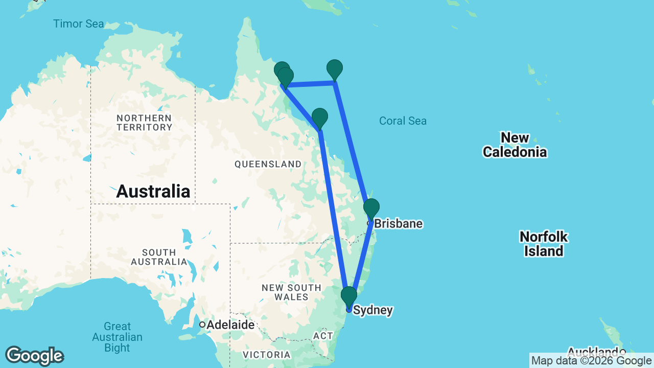 Route map: Brisbane -> Sydney -> Airlie Beach -> Cairns -> Port Douglas -> Willis Island -> Brisbane