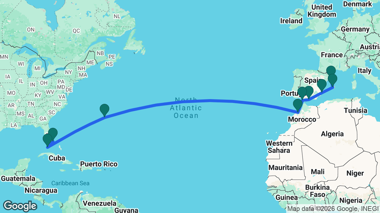 Route map: Fort Lauderdale -> Key West -> Bermuda -> Casablanca -> Cádiz -> Málaga -> Alicante -> Mallorca -> Barcelona