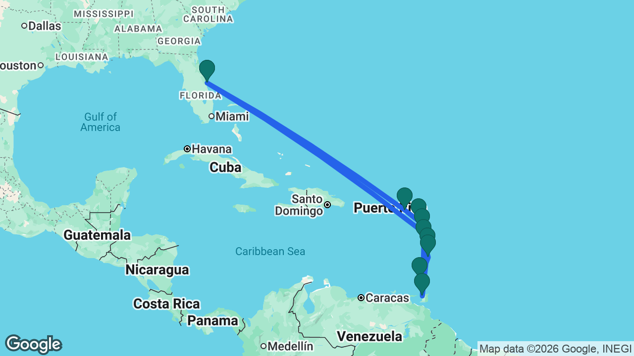Route map: Port Canaveral -> St. Maarten -> Antigua -> St. Lucia -> Grenada -> Martinique -> Trinidad -> Dominica -> Guadeloupe -> Port Canaveral