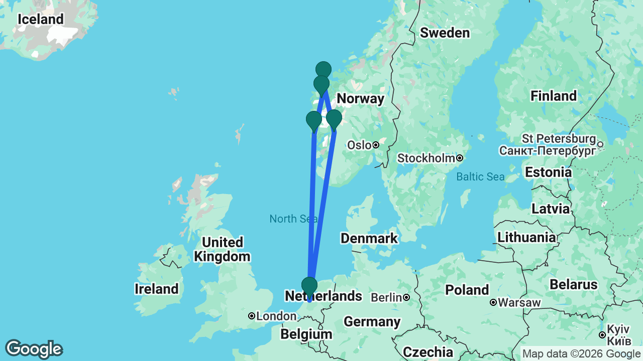 Route map: Amsterdam -> Eidfjord -> Ålesund -> Nordfjordeid -> Bergen -> Amsterdam