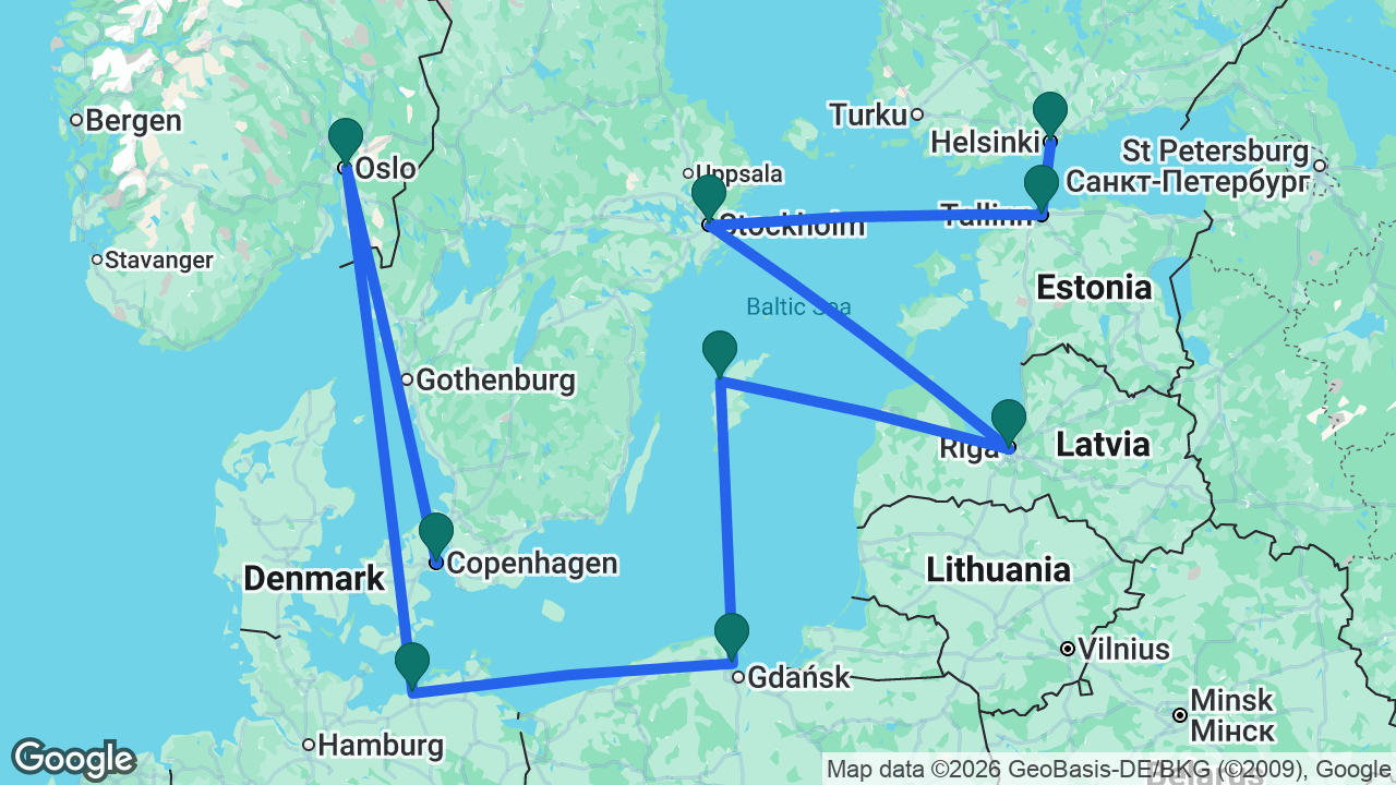 Route map: Copenhagen -> Oslo -> Berlin -> Gdansk -> Visby -> Riga -> Stockholm -> Tallinn -> Helsinki