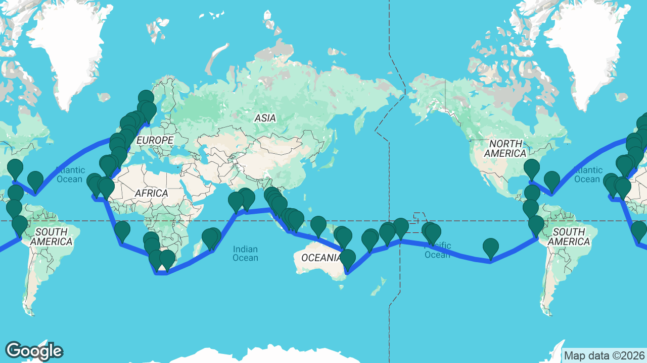 Route map: Fort Lauderdale -> Panama Canal -> Manta -> Lima -> Easter Island -> Tahiti -> Moorea -> Bora Bora -> Apia -> Savusavu -> Fiji -> Lifou -> Nouméa -> Sydney -> Airlie Beach -> Townsville -> Darwin -> Bali -> Surabaya -> Semarang -> Singapore -> Kuala Lumpur -> Penang -> Phuket -> Hambantota -> Colombo -> Malé -> Port Louis -> Réunion (Le Port) -> Port Elizabeth -> Cape Town -> Lüderitz -> Walvis Bay -> Jamestown -> Banjul -> Dakar -> Praia -> Mindelo -> Tenerife -> Gran Canaria -> Lanzarote -> Casablanca -> Lisbon -> Porto -> Bilbao -> Bordeaux -> Cherbourg -> Rotterdam -> Oslo -> Copenhagen -> Aarhus -> Dover -> San Juan -> Fort Lauderdale