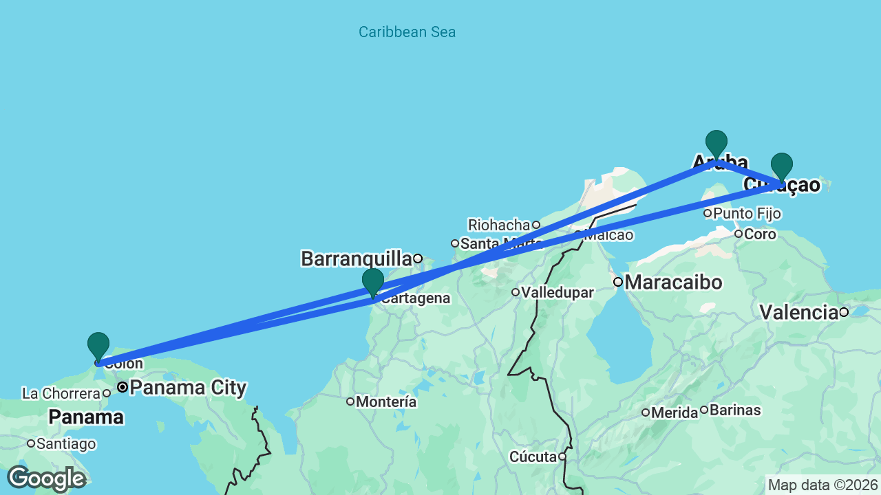 Route map: Cartagena -> Aruba -> Curaçao -> Colón -> Cartagena