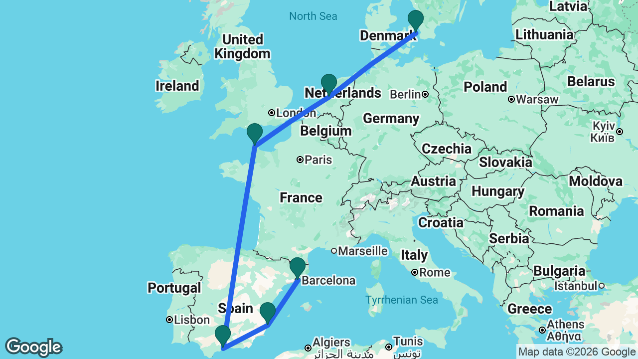 Route map: Copenhagen -> Amsterdam -> Cherbourg -> Málaga -> Alicante -> Barcelona