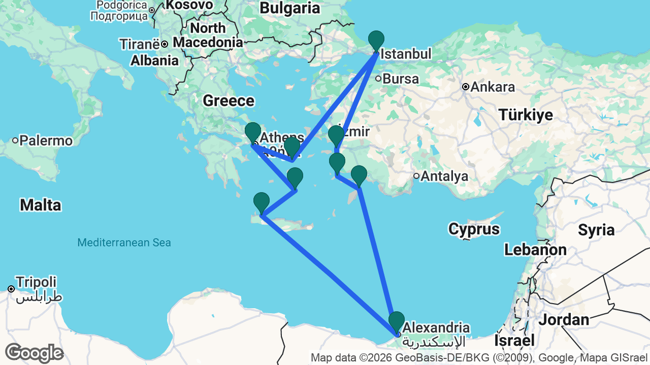 Route map: Athens -> Mykonos -> Istanbul -> Ephesus -> Kos -> Rhodes -> Alexandria -> Chania -> Santorini -> Athens