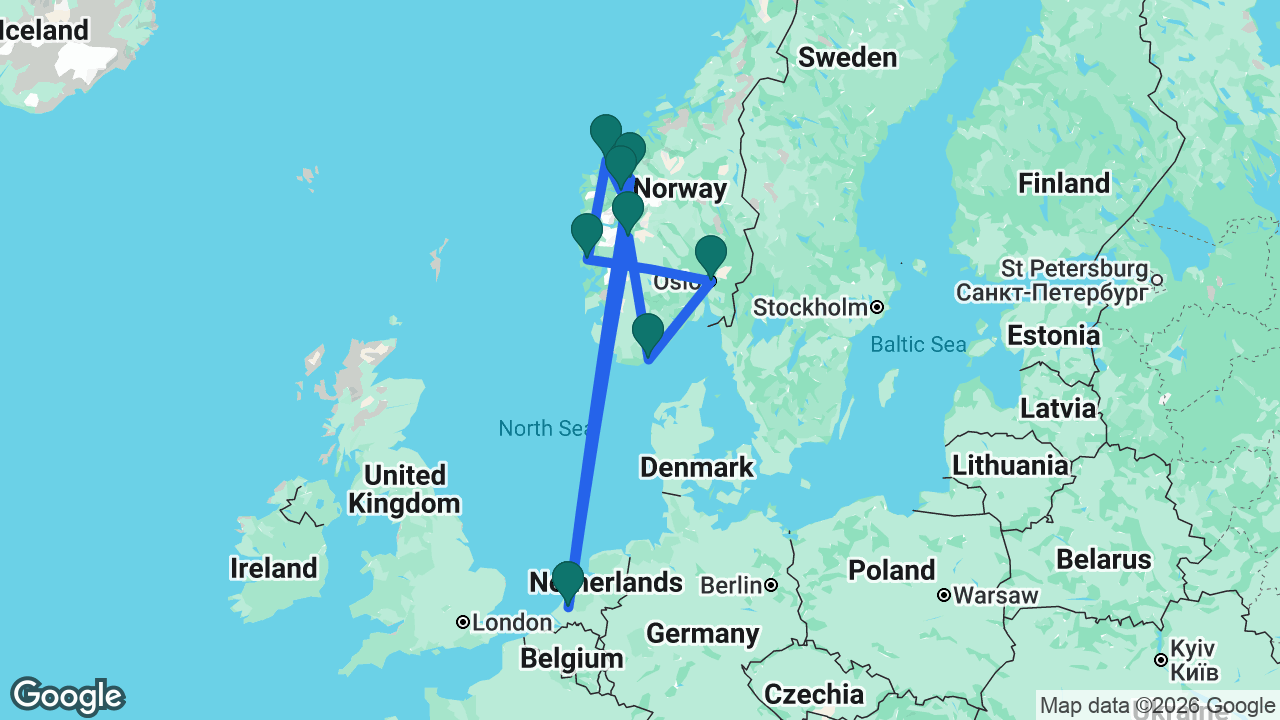 Route map: Rotterdam -> Geiranger -> Olden -> Ålesund -> Bergen -> Oslo -> Kristiansand -> Flåm -> Rotterdam