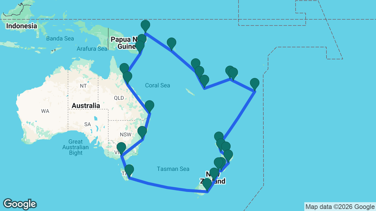 Route map: Sydney -> Tangalooma -> Townsville -> Cairns -> Alotau -> Kiriwina Island -> Rabaul -> Honiara -> Santo -> Port Vila -> Mystery Island -> Lautoka -> Fiji -> Nuku'alofa -> Bay of Islands -> Auckland -> Tauranga -> Napier -> Wellington -> Picton -> Christchurch -> Dunedin -> Hobart -> Melbourne -> Sydney