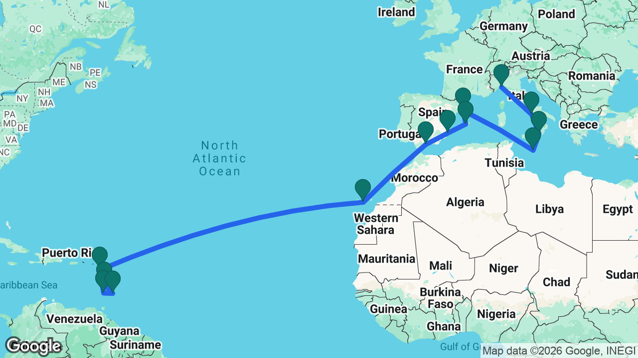 Route map: Genoa -> Naples -> Messina -> Valletta -> Barcelona -> Mallorca -> Alicante -> Málaga -> Gran Canaria -> Antigua -> St. Vincent -> Barbados -> Martinique