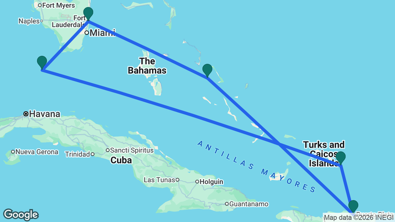 Route map: Fort Lauderdale -> Half Moon Cay -> Amber Cove -> Grand Turk -> Key West -> Fort Lauderdale