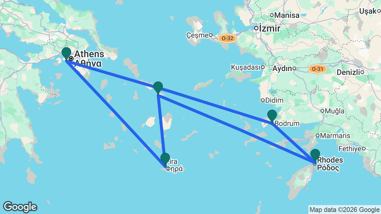 Route map: Athens -> Bodrum -> Rhodes -> Mykonos -> Santorini -> Athens