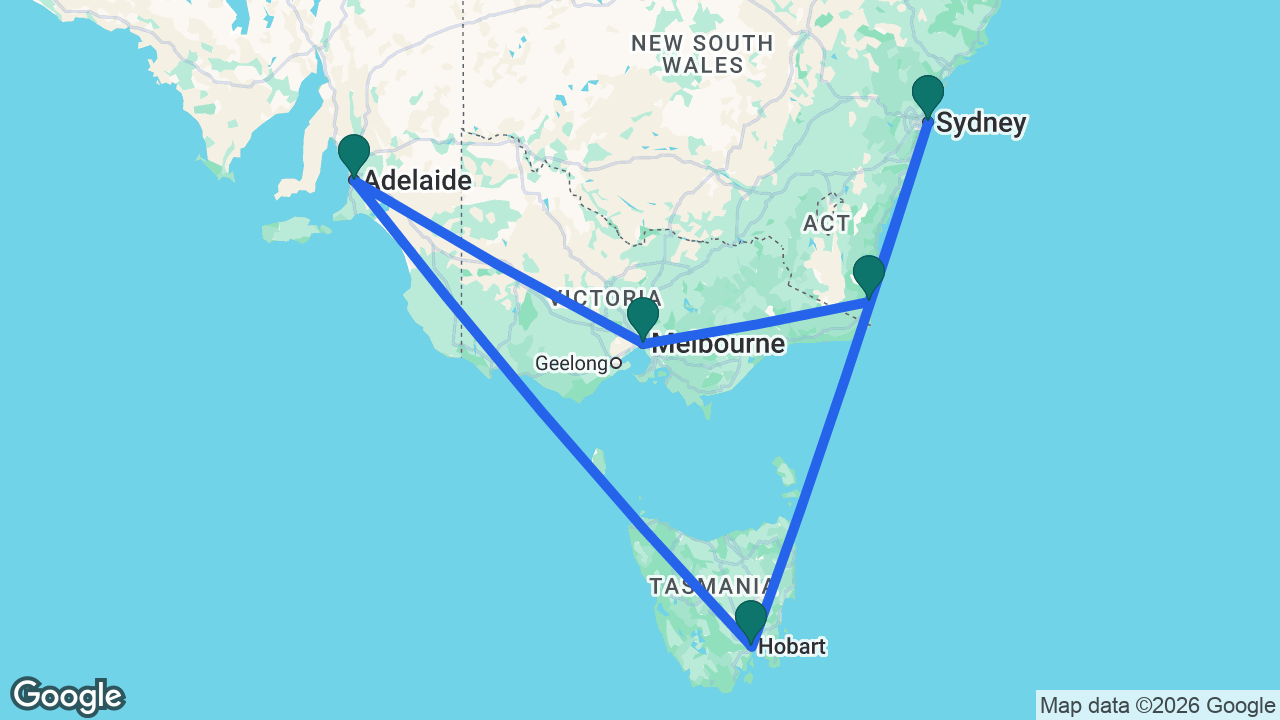 Route map: Sydney -> Hobart -> Adelaide -> Melbourne -> Eden -> Sydney