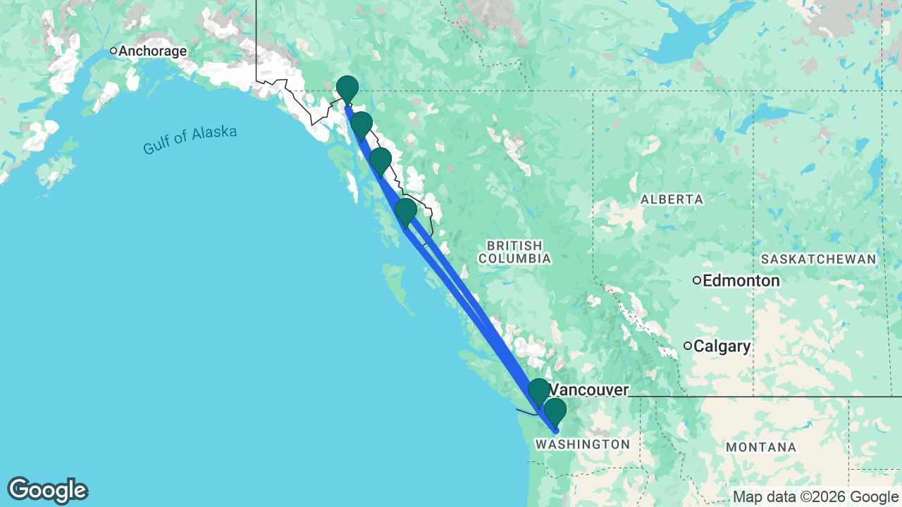 Route map: Seattle -> Endicott Arm -> Skagway -> Juneau -> Ketchikan -> Victoria -> Seattle