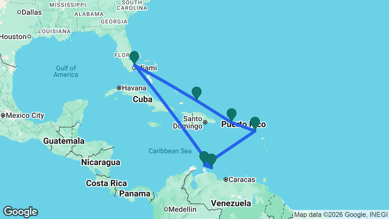 Route map: Fort Lauderdale -> Grand Turk -> San Juan -> St. Kitts -> Aruba -> Curaçao -> Fort Lauderdale