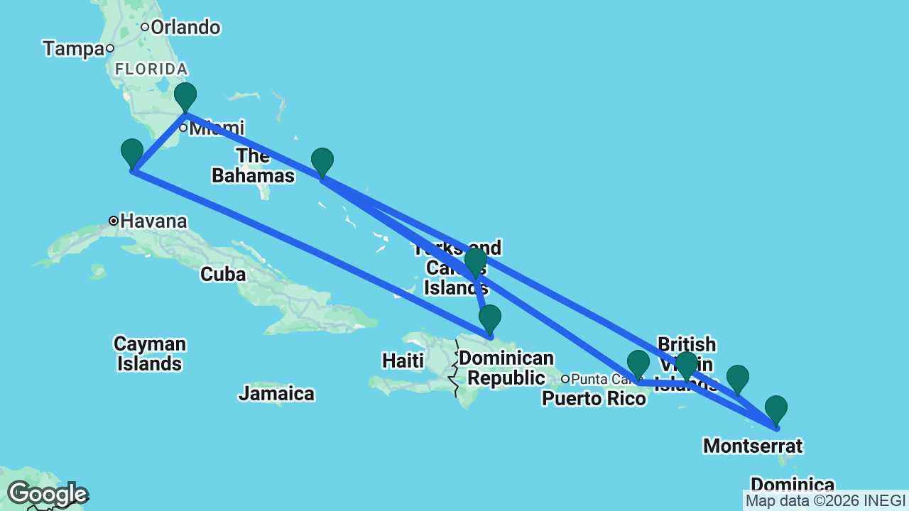 Route map: Fort Lauderdale -> St. Maarten -> Antigua -> Tortola -> San Juan -> Half Moon Cay -> Grand Turk -> Amber Cove -> Key West -> Fort Lauderdale