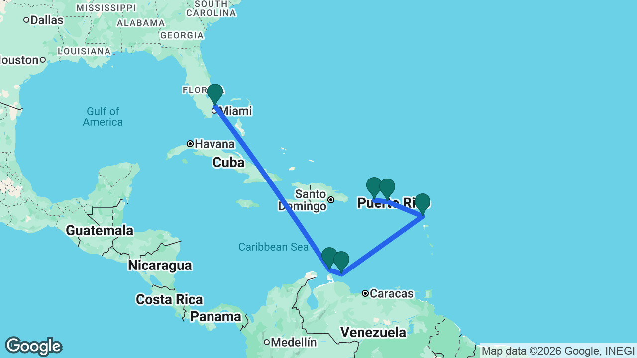 Route map: Fort Lauderdale -> Aruba -> Curaçao -> Antigua -> St. Thomas -> San Juan