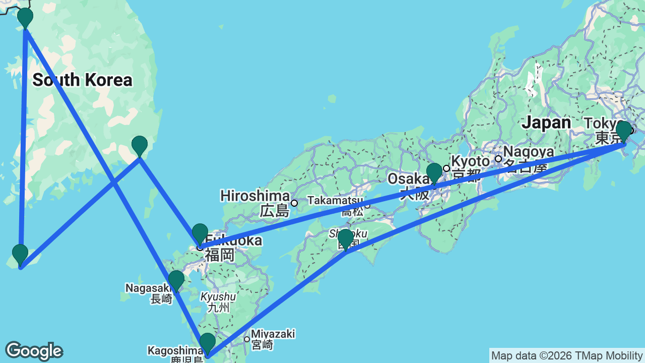 Route map: Tokyo -> Kochi -> Kagoshima -> Nagasaki -> Seoul -> Jeju -> Busan -> Fukuoka -> Osaka -> Tokyo