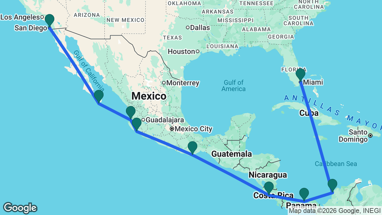 Route map: San Diego -> Cabo -> Puerto Vallarta -> Manzanillo -> Huatulco -> Puntarenas -> Panama Canal -> Cartagena -> Miami