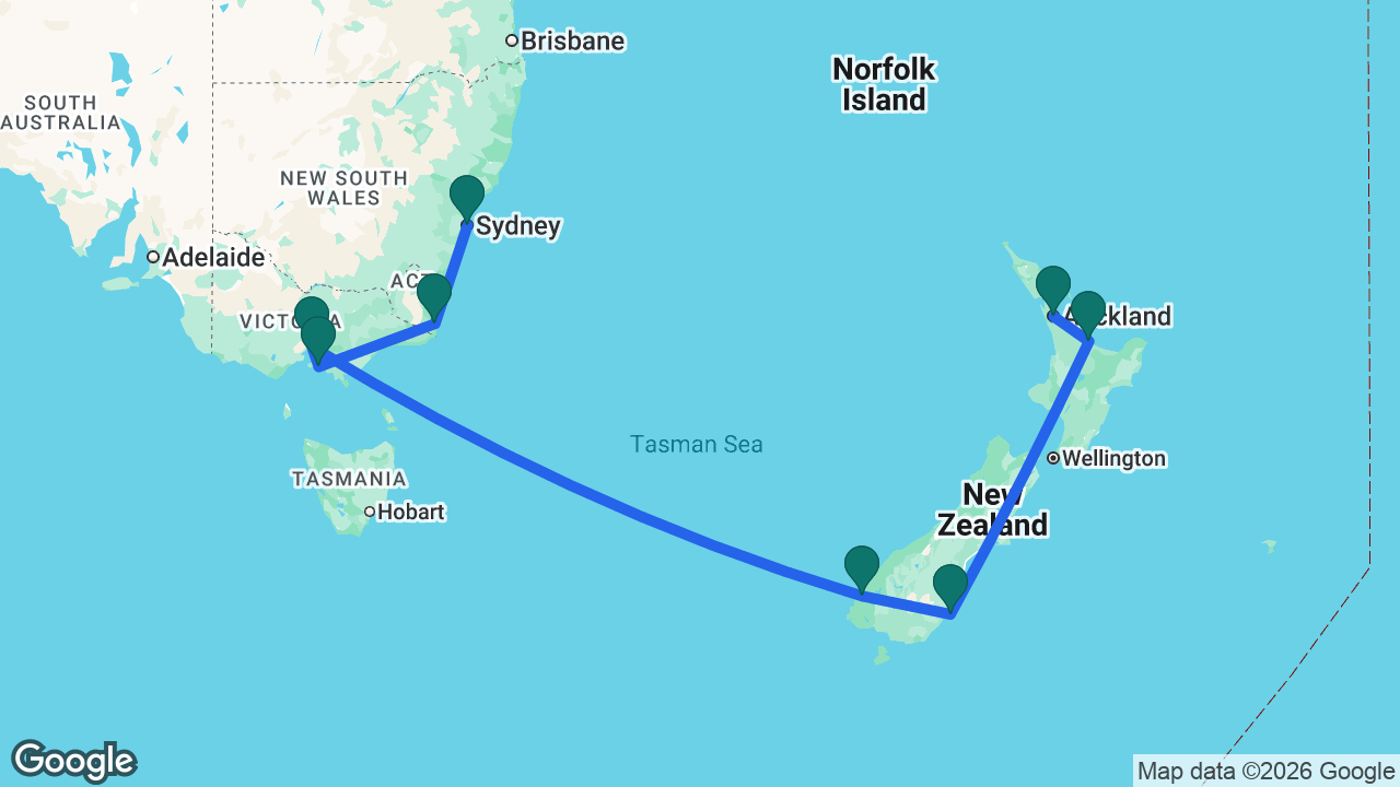 Route map: Sydney -> Eden -> Phillip Island -> Melbourne -> Doubtful Sound -> Dunedin -> Tauranga -> Auckland