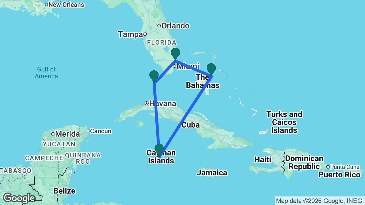 Route map: Fort Lauderdale -> Key West -> Grand Cayman -> Nassau -> Fort Lauderdale