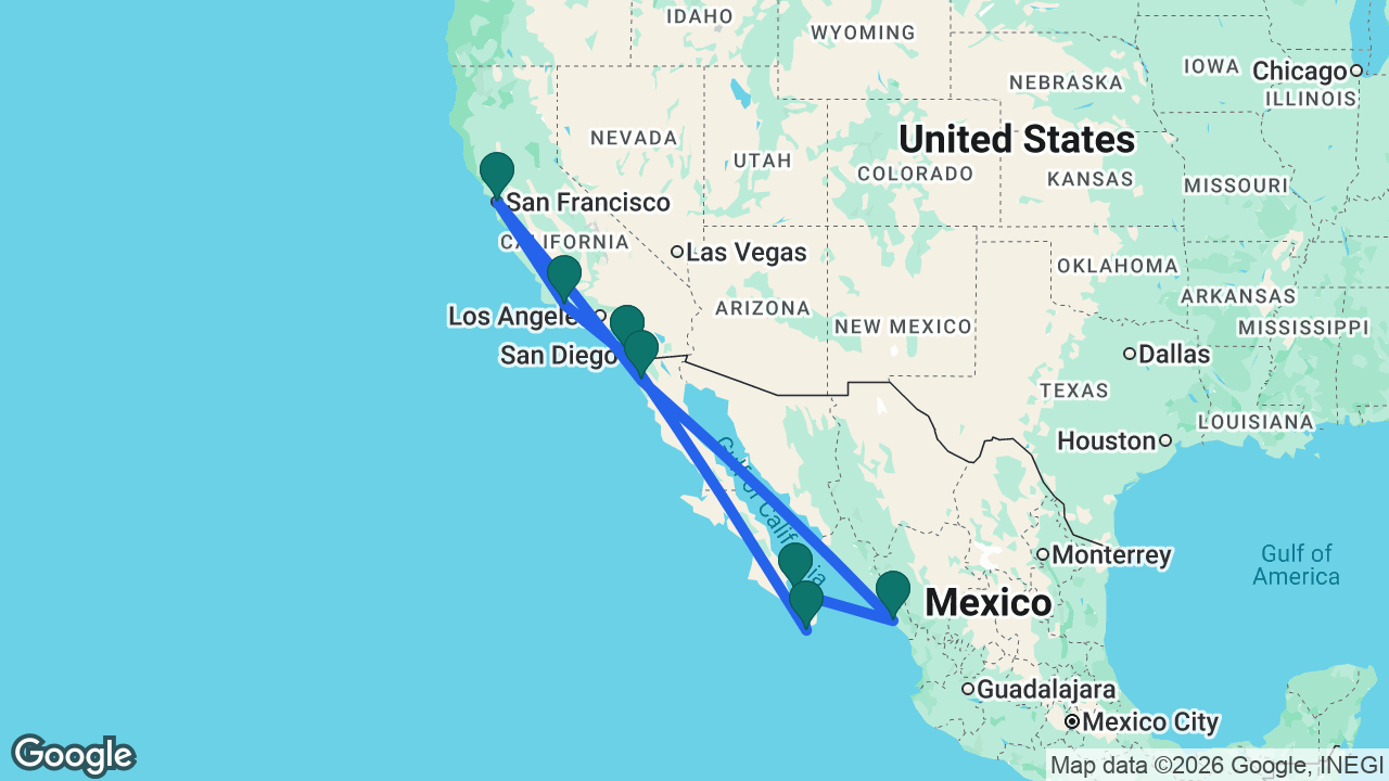 Route map: San Diego -> Cabo -> La Paz -> Mazatlán -> Ensenada -> San Francisco -> Santa Barbara -> San Diego