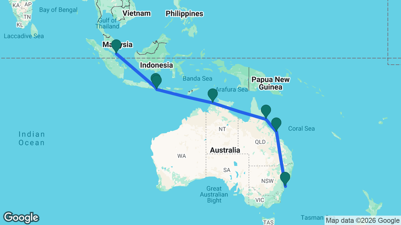 Route map: Singapore -> Celukan Bawang -> Bali -> Darwin -> Cairns -> Airlie Beach -> Sydney
