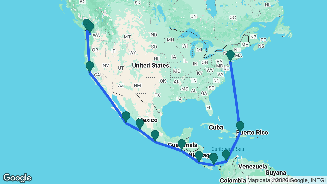 Route map: New York -> Puerto Plata -> Cartagena -> Colón -> Panama Canal -> Puntarenas -> Puerto Quetzal -> Acapulco -> Puerto Vallarta -> Cabo -> San Francisco -> Victoria -> Seattle