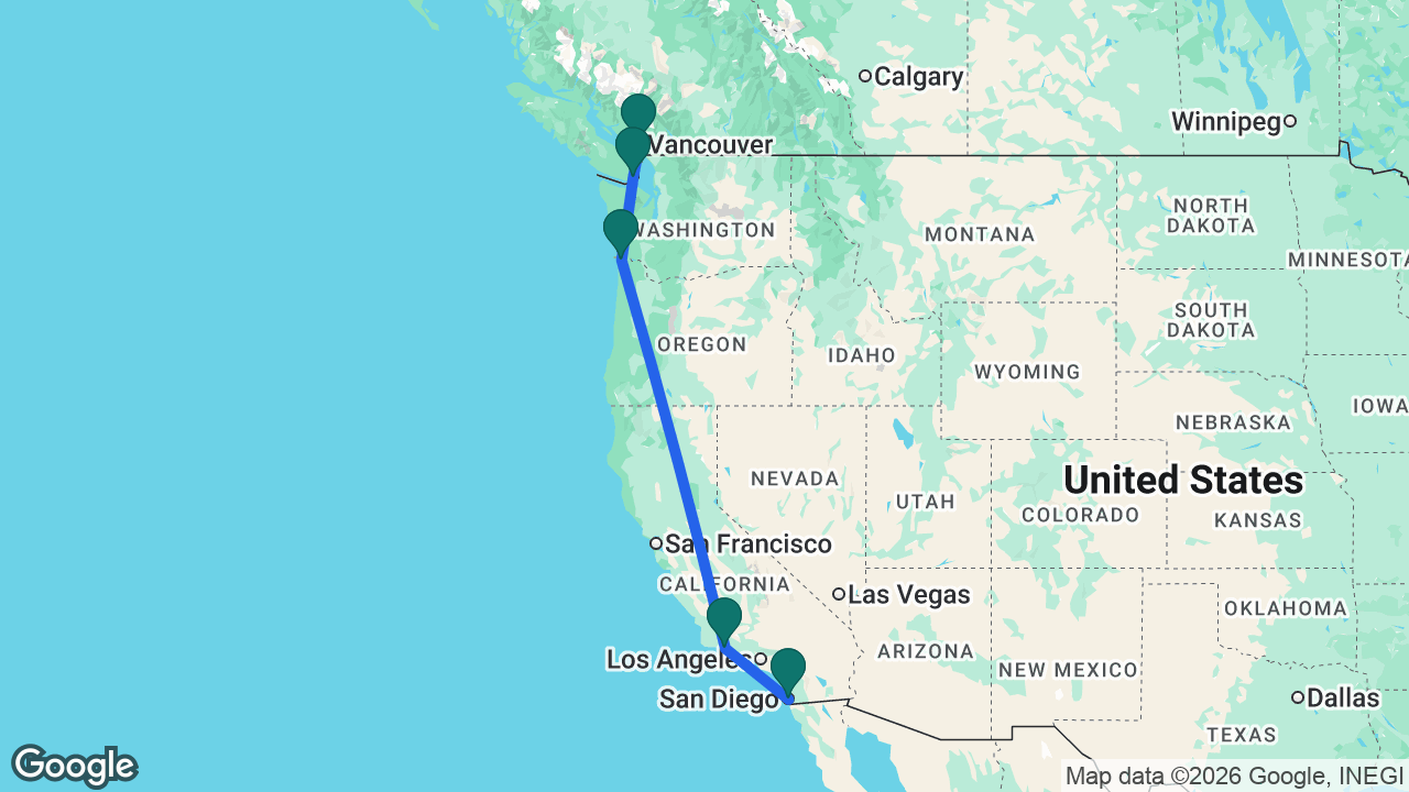 Route map: San Diego -> Santa Barbara -> Astoria -> Victoria -> Vancouver