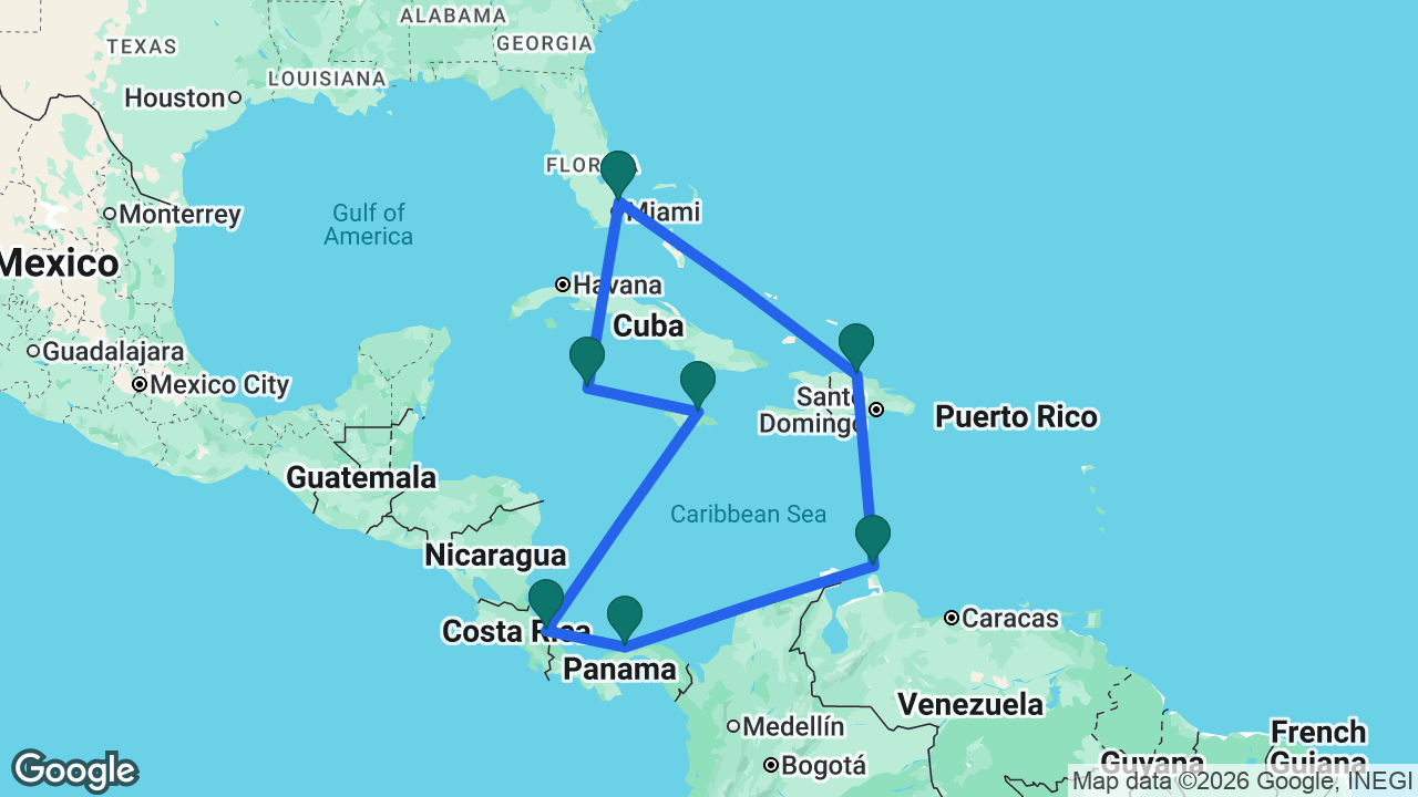 Route map: Fort Lauderdale -> Grand Cayman -> Ocho Rios -> Limón -> Colón -> Aruba -> Amber Cove -> Fort Lauderdale