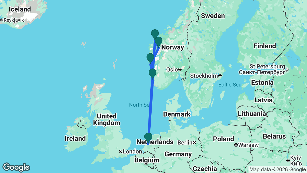 Route map: Amsterdam -> Stavanger -> Bergen -> Olden -> Ålesund -> Amsterdam