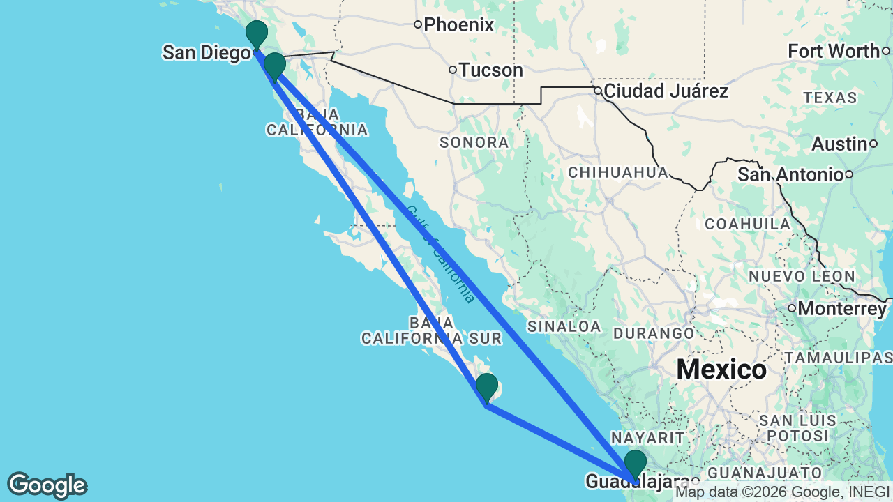 Route map: San Diego -> Ensenada -> Cabo -> Puerto Vallarta -> San Diego