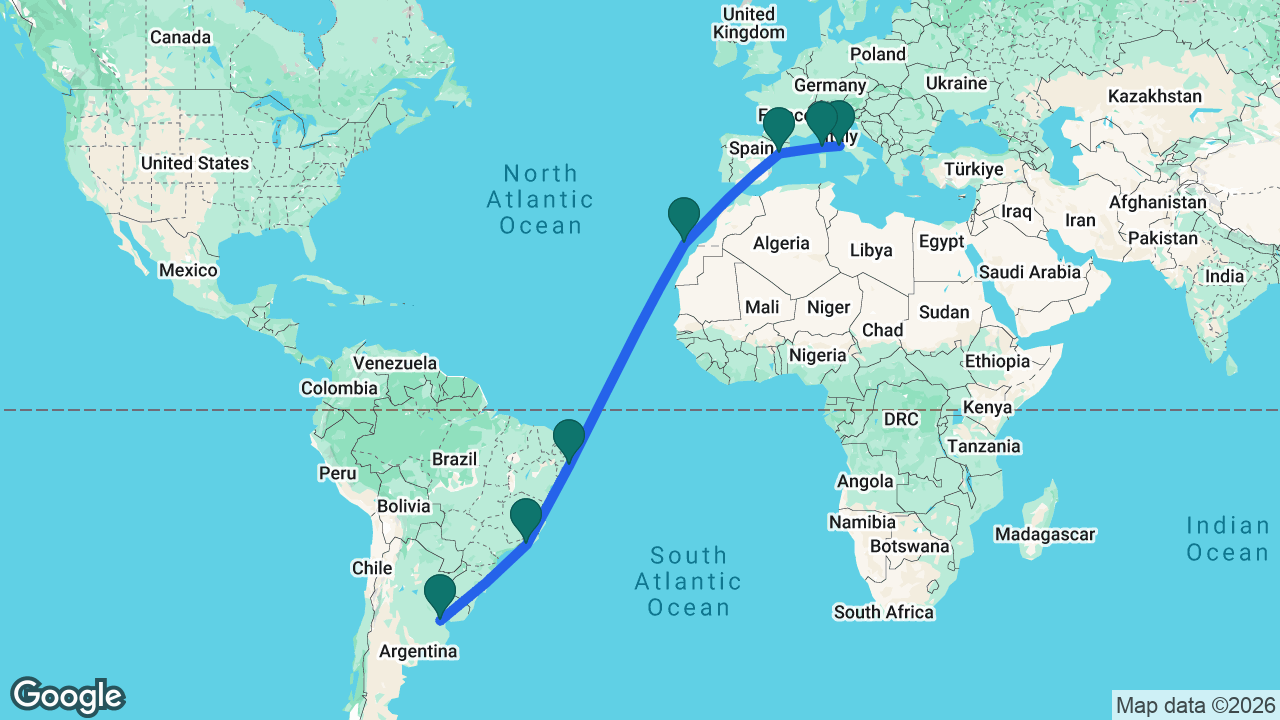 Route map: Buenos Aires -> Rio -> Maceió -> Gran Canaria -> Tarragona -> Ajaccio -> Rome