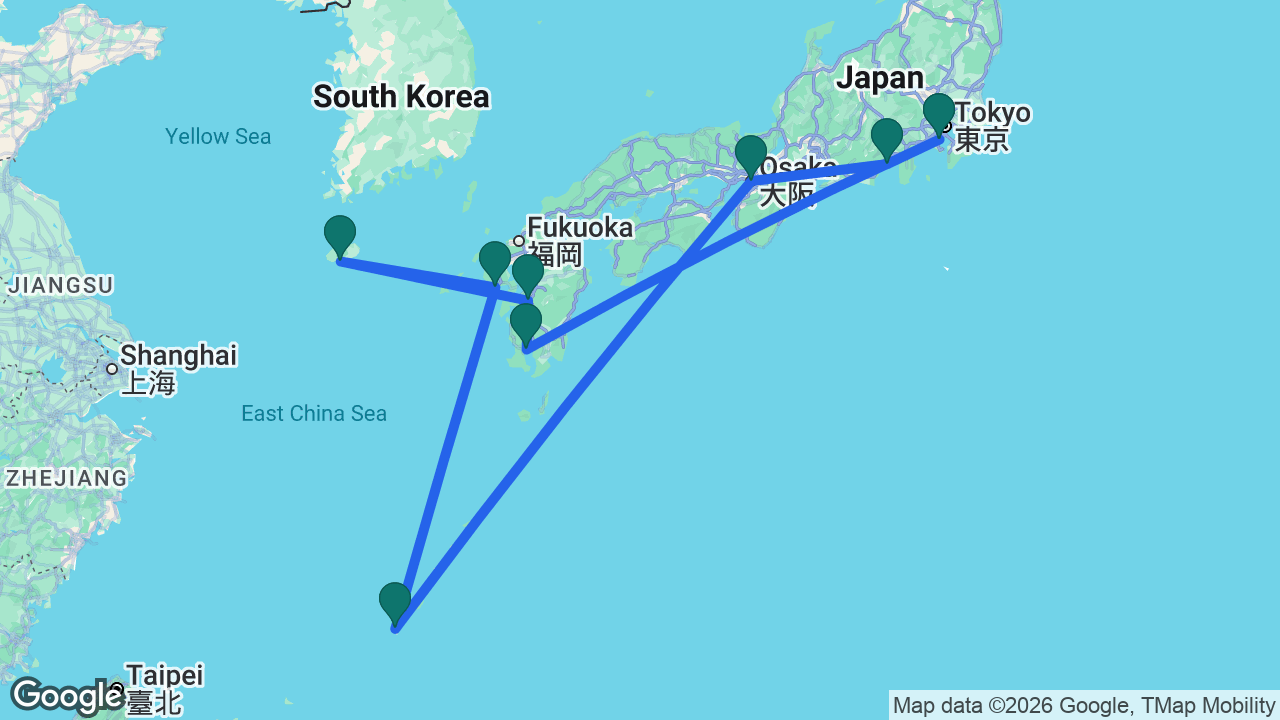 Route map: Tokyo -> Kagoshima -> Yatsushiro -> Jeju -> Nagasaki -> Naha -> Osaka -> Mount Fuji -> Tokyo