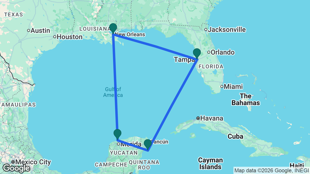 Route map: Tampa -> New Orleans -> Progreso -> Cozumel -> Tampa