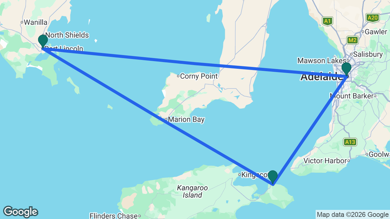 Route map: Adelaide -> Port Lincoln -> Kangaroo Island -> Adelaide