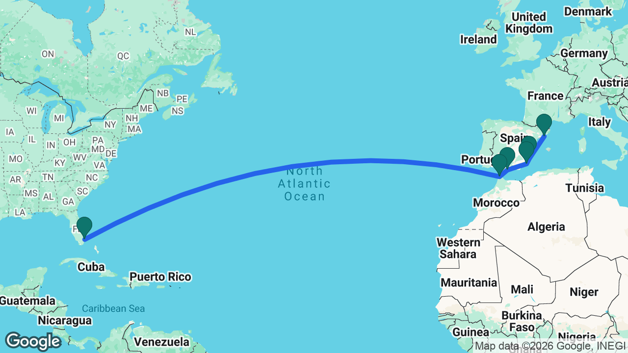 Route map: Fort Lauderdale -> Tangier -> Málaga -> Cartagena -> Alicante -> Barcelona