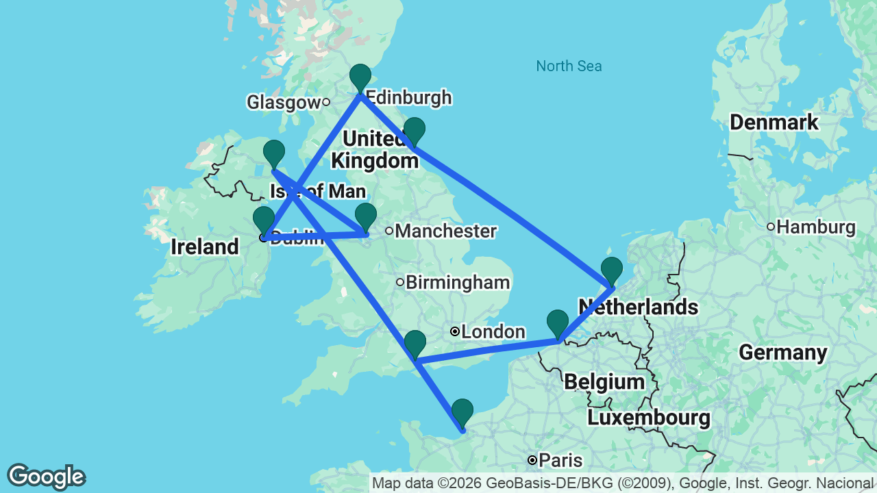 Route map: Southampton -> Paris -> Belfast -> Liverpool -> Dublin -> Edinburgh -> Newcastle -> Amsterdam -> Bruges -> Southampton